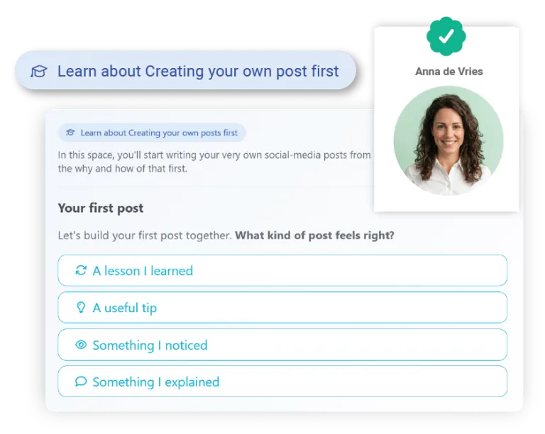 Ambassify Skills interface showing Creating Your Own Post lesson with step-by-step guidance for employees