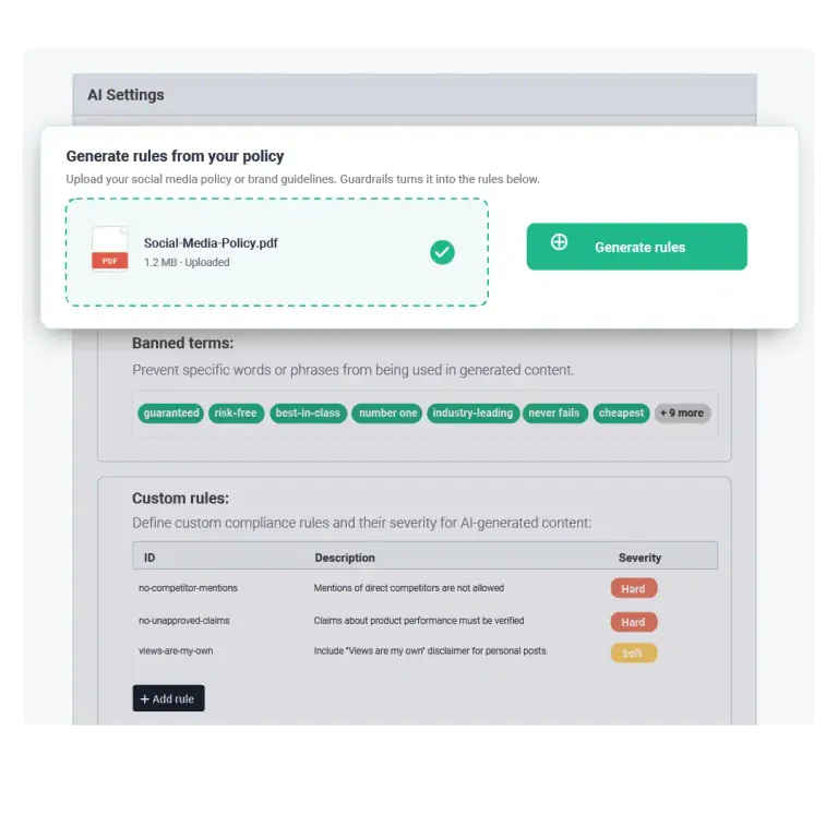 Uploading a social media policy PDF into Ambassify Guardrails to auto-generate PII, banned term and custom compliance rules
