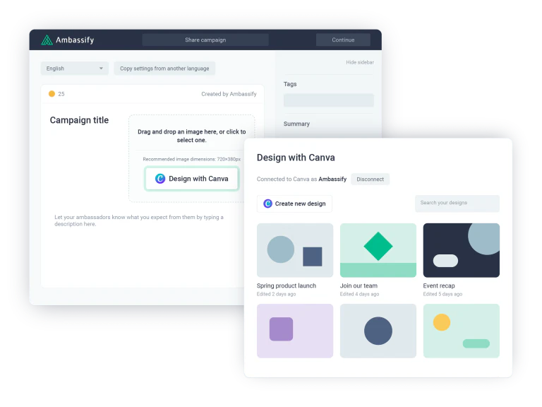 Ambassify campaign builder with the Design with Canva panel showing a user’s existing Canva designs