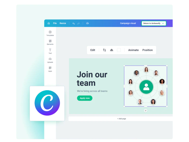 	Canva integration in Ambassify: a campaign visual open in the Canva editor with a Return to Ambassify button