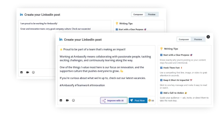 Ambassify Personal Post composer with writing-tip prompts and a platform-specific post preview