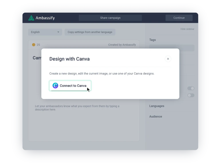 Design with Canva pop-up in the Ambassify campaign builder with a Connect to Canva button