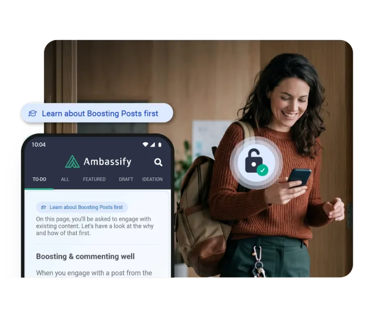 Ambassify Skills mobile app showing Boosting Posts lesson with employee learning interface