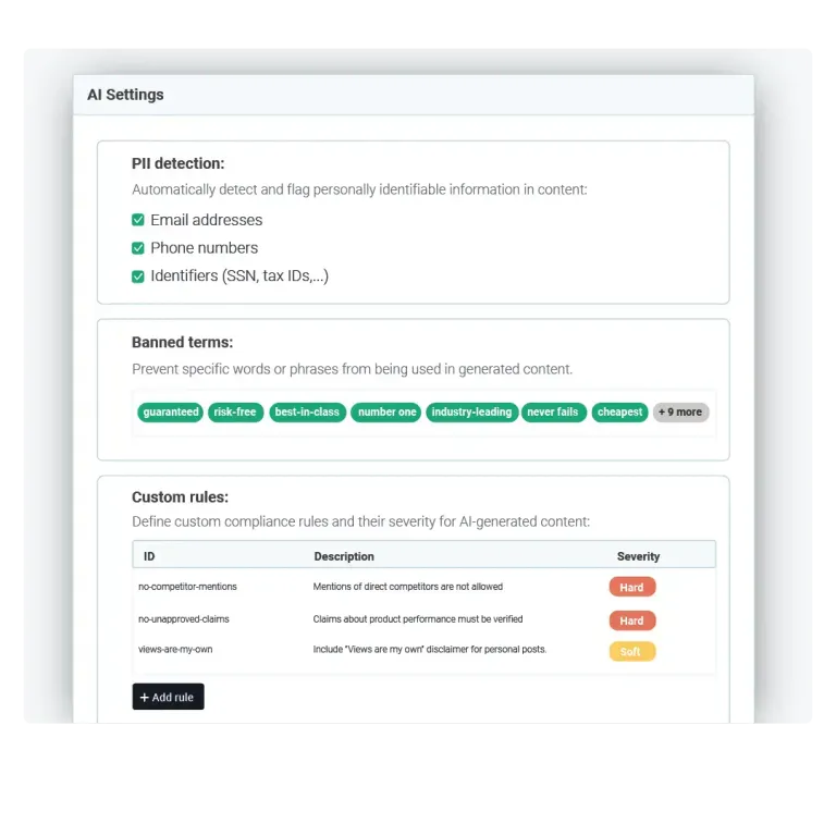 Ambassify AI settings for compliance guardrails with PII detection, banned terms and custom rules by severity