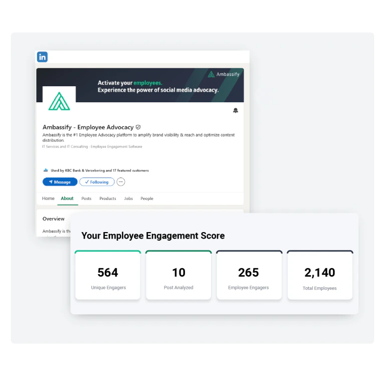 LinkedIn company page with Employee Engagement Score results: posts analyzed, unique engagers, employee engagers and total employees