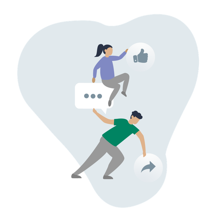 Illustration showing 2 people sharing and liking social media posts