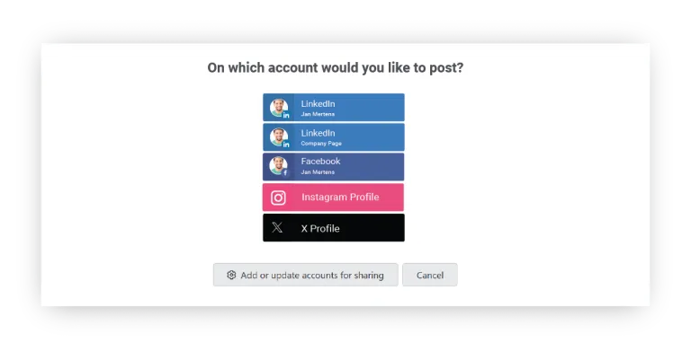 Ambassify account picker for publishing a Personal Post to LinkedIn, Facebook, Instagram, or X