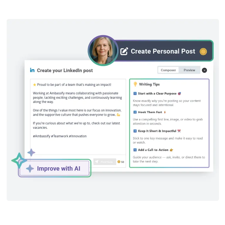 Ambassify Personal Post composer on mobile with admin writing guidance panel for authentic advocacy.