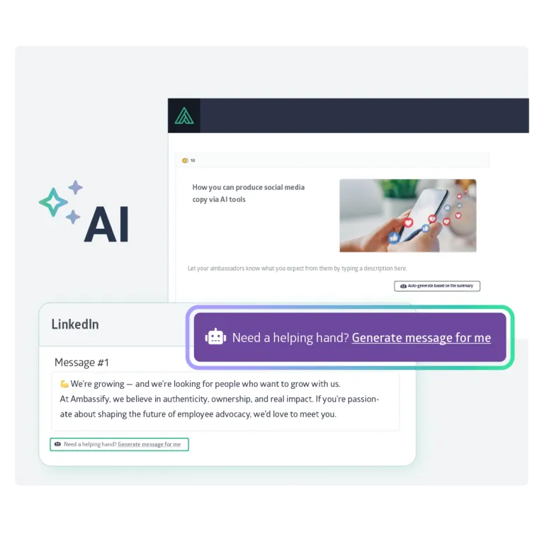 Reachify AI suggestion panel with a before-and-after LinkedIn post preview in Ambassify