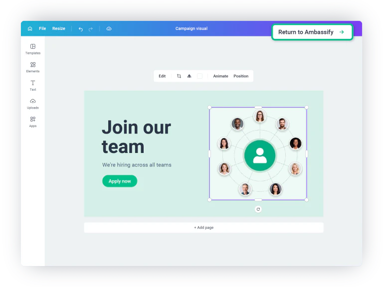 Campaign visual being edited in Canva with layers, text and the Return to Ambassify button