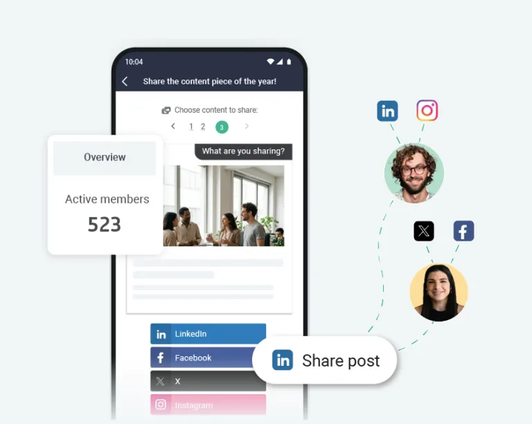 Ambassify platform showing active members dashboard with advocates sharing content across LinkedIn, Facebook, X, and Instagram